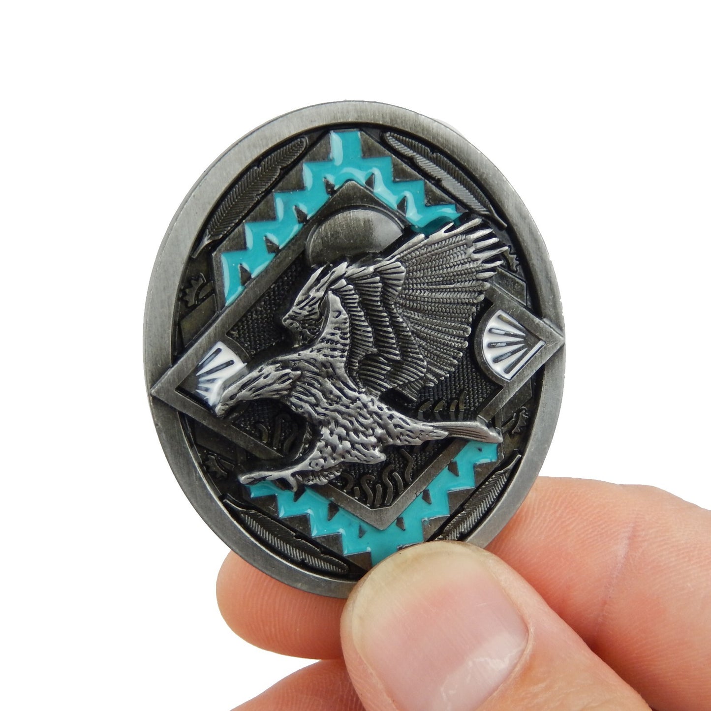 Southwestern Aztec Eagle Turquoise Geometric Bolo Tie 40 inch Black Leather Cord