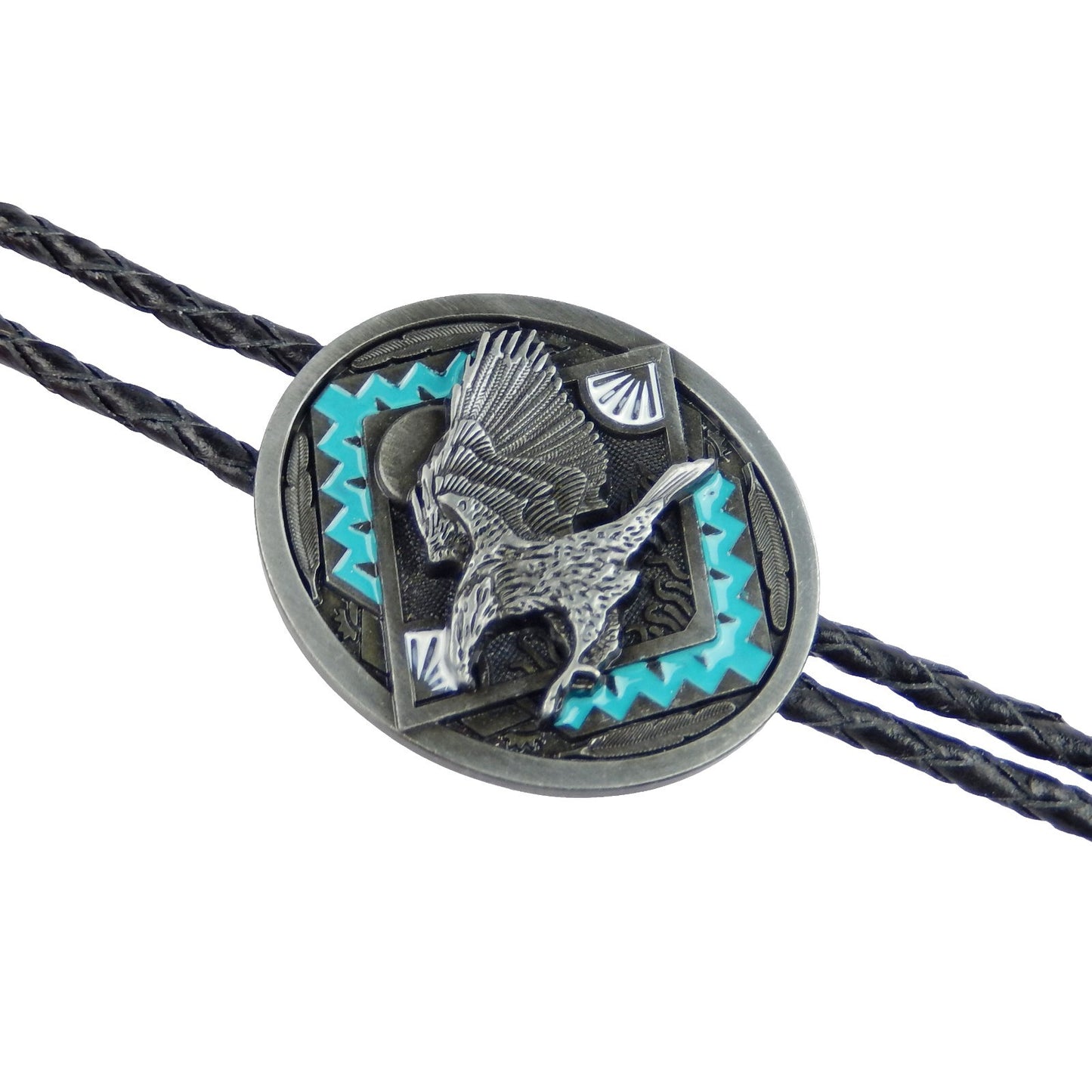 Southwestern Aztec Eagle Turquoise Geometric Bolo Tie 40 inch Black Leather Cord