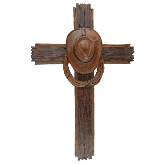 Rustic Old West Western Cowboy Hat Rope Wall Cross Decor Wood Look 15.75 inch