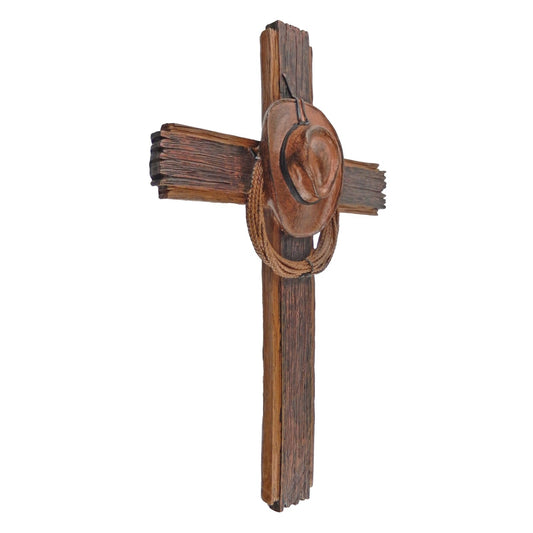 Rustic Old West Western Cowboy Hat Rope Wall Cross Decor Wood Look 15.75 inch