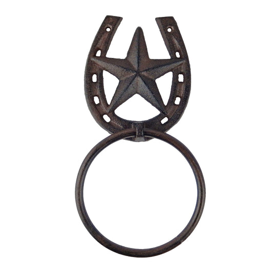 Cast Iron Old West Metal Horseshoe Star Hand Towel Ring Outhouse Bathroom Decor