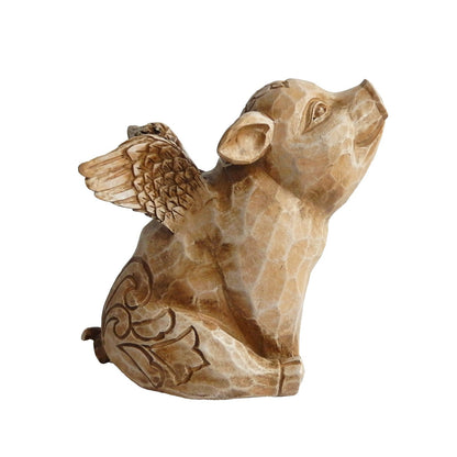 Polyresin Angel Wings Flying Pig Piggy Bank Shelf Sitter Figurine Carved Look 5"
