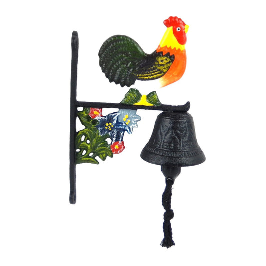Small Cast Iron Metal Rooster Dinner Bell Hand Painted Flower Post or Wall Mount