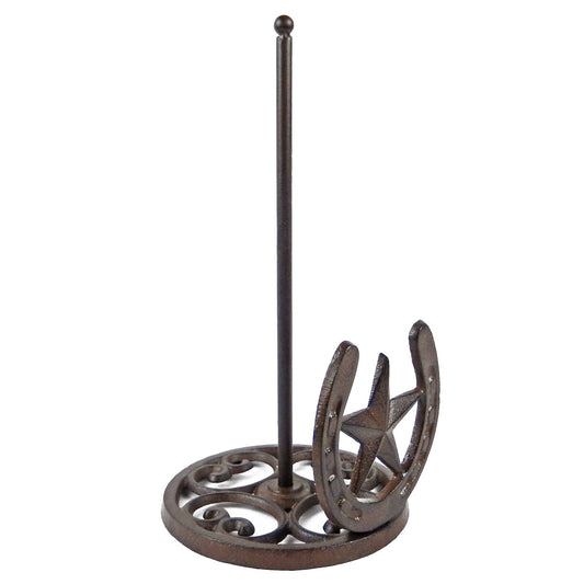 Rustic Iron Metal Star Horseshoe Scrolls Table Paper Towel Roll Holder Brown