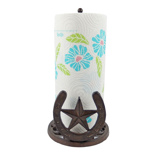 Rustic Iron Metal Star Horseshoe Scrolls Table Paper Towel Roll Holder Brown