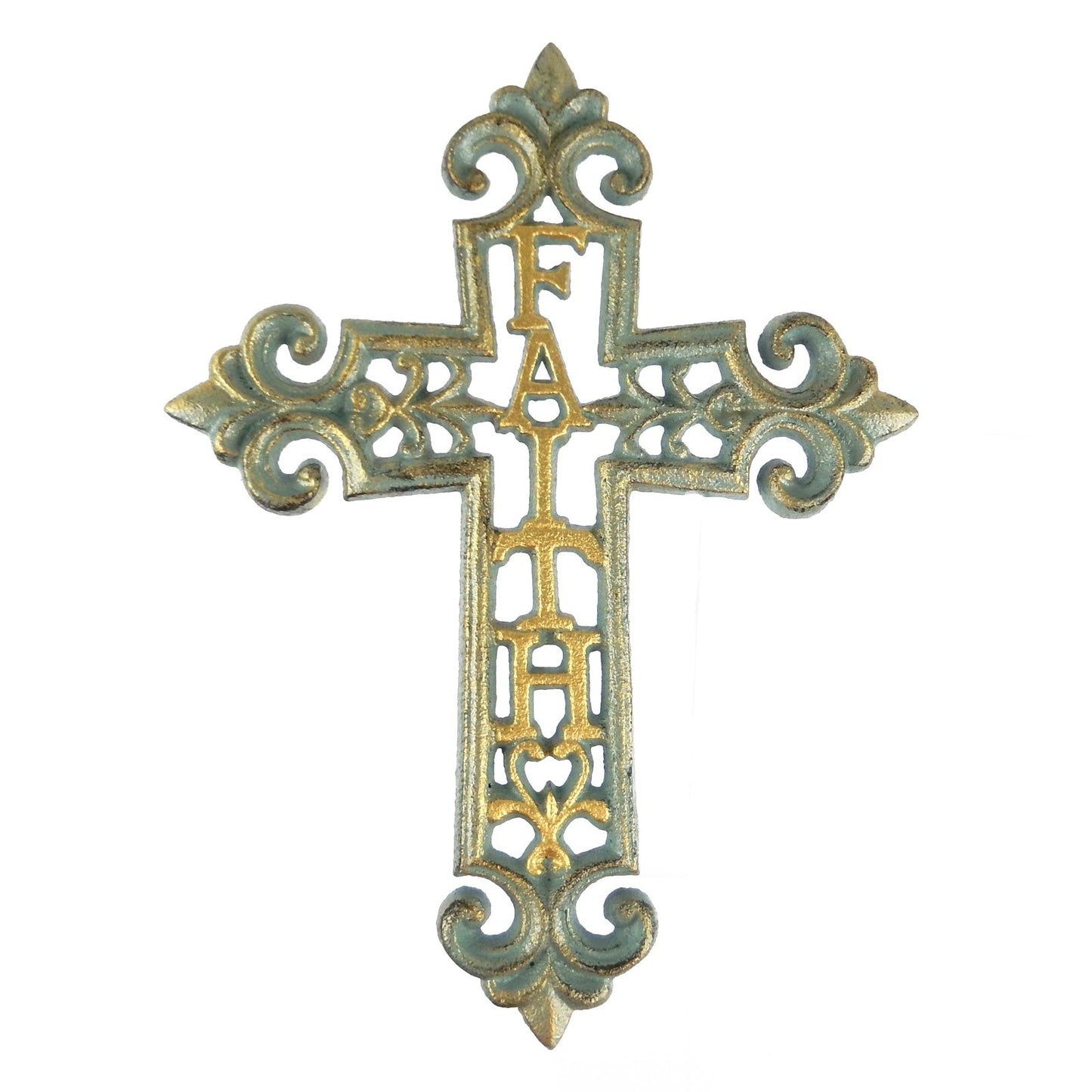 Cast Iron Faith Fleur De Lis Wall Cross Decor Verdigris Green & Gold 9.5 inch