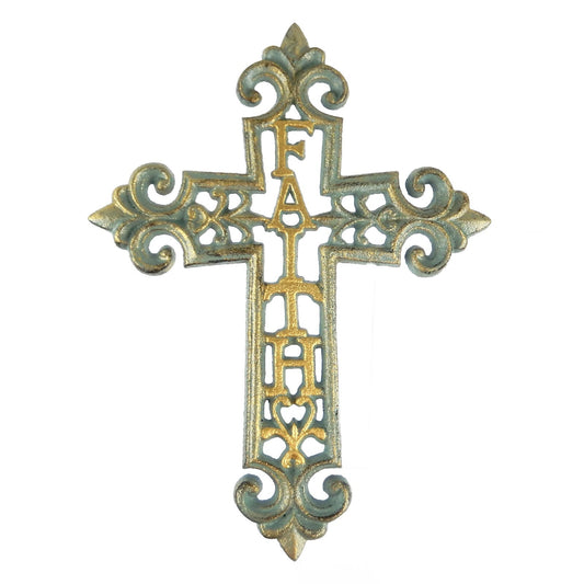Cast Iron Faith Fleur De Lis Wall Cross Decor Verdigris Green & Gold 9.5 inch