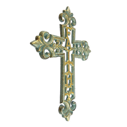 Cast Iron Faith Fleur De Lis Wall Cross Decor Verdigris Green & Gold 9.5 inch