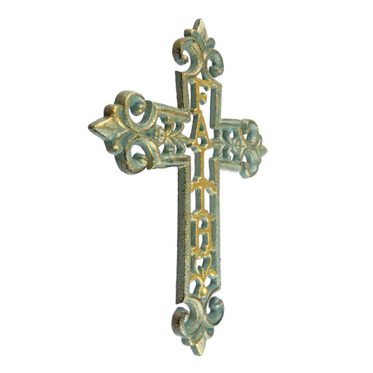 Cast Iron Faith Fleur De Lis Wall Cross Decor Verdigris Green & Gold 9.5 inch