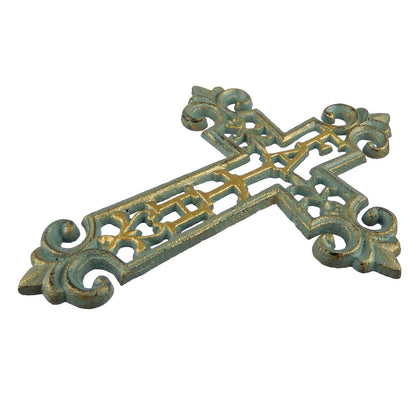 Cast Iron Faith Fleur De Lis Wall Cross Decor Verdigris Green & Gold 9.5 inch