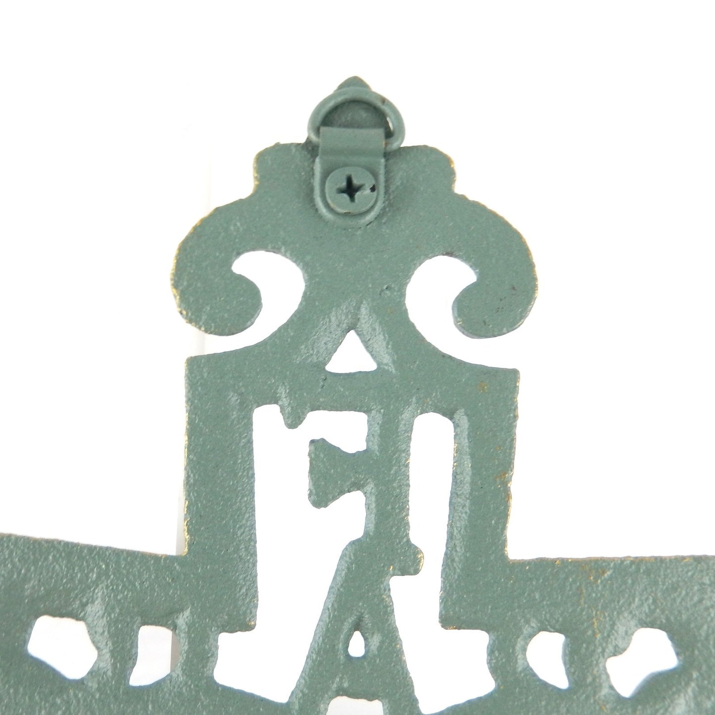 Cast Iron Faith Fleur De Lis Wall Cross Decor Verdigris Green & Gold 9.5 inch