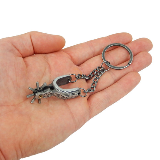 Metal Western Cowboy Spur Keychain Keyring Antique Silver Finish 4 3/4 inch Long