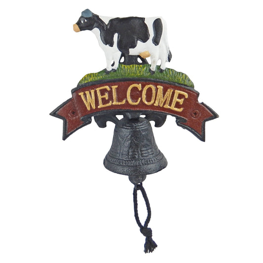 Small Cast Iron Cow Welcome Dinner Bell Hand Painted Farmhouse Wall Mounted