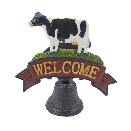 Small Cast Iron Cow Welcome Dinner Bell Hand Painted Farmhouse Wall Mounted
