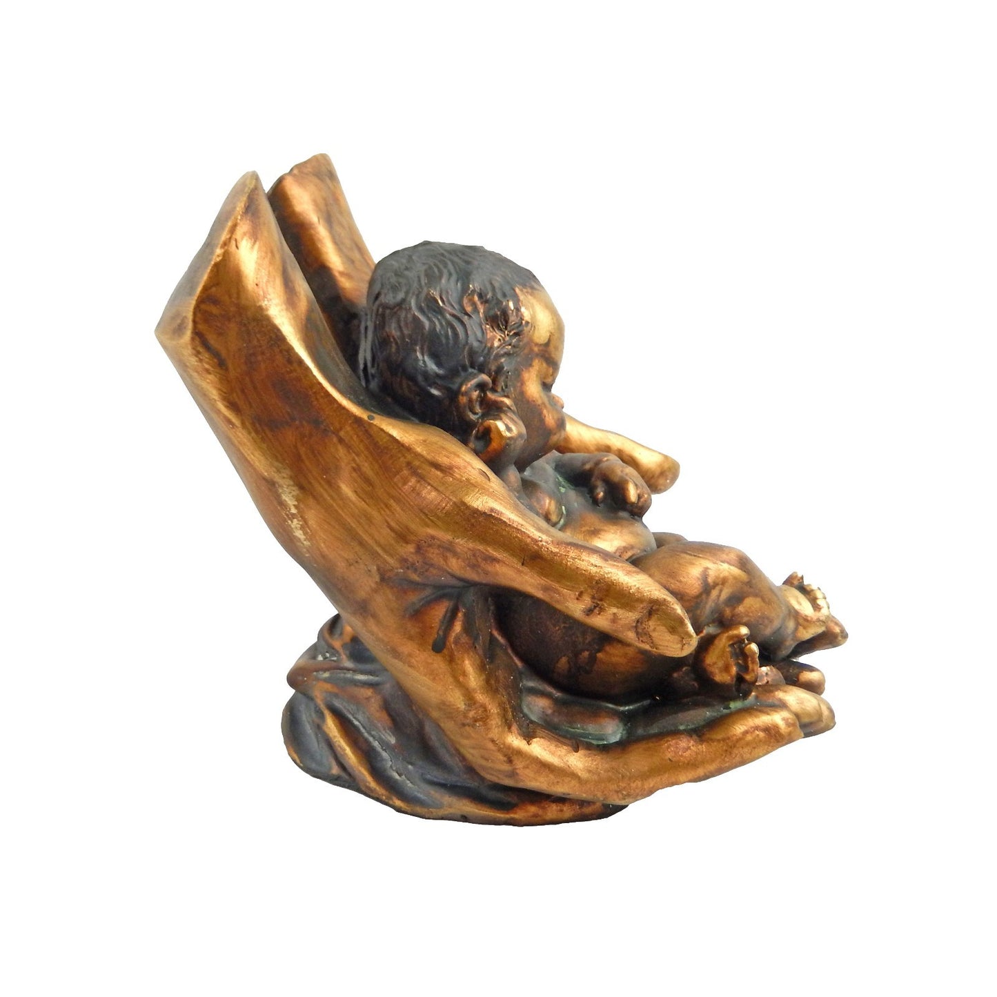 Baby Cradled in Hands Religious Shelf Sitter Decor Figurine Rustic Gold Finish