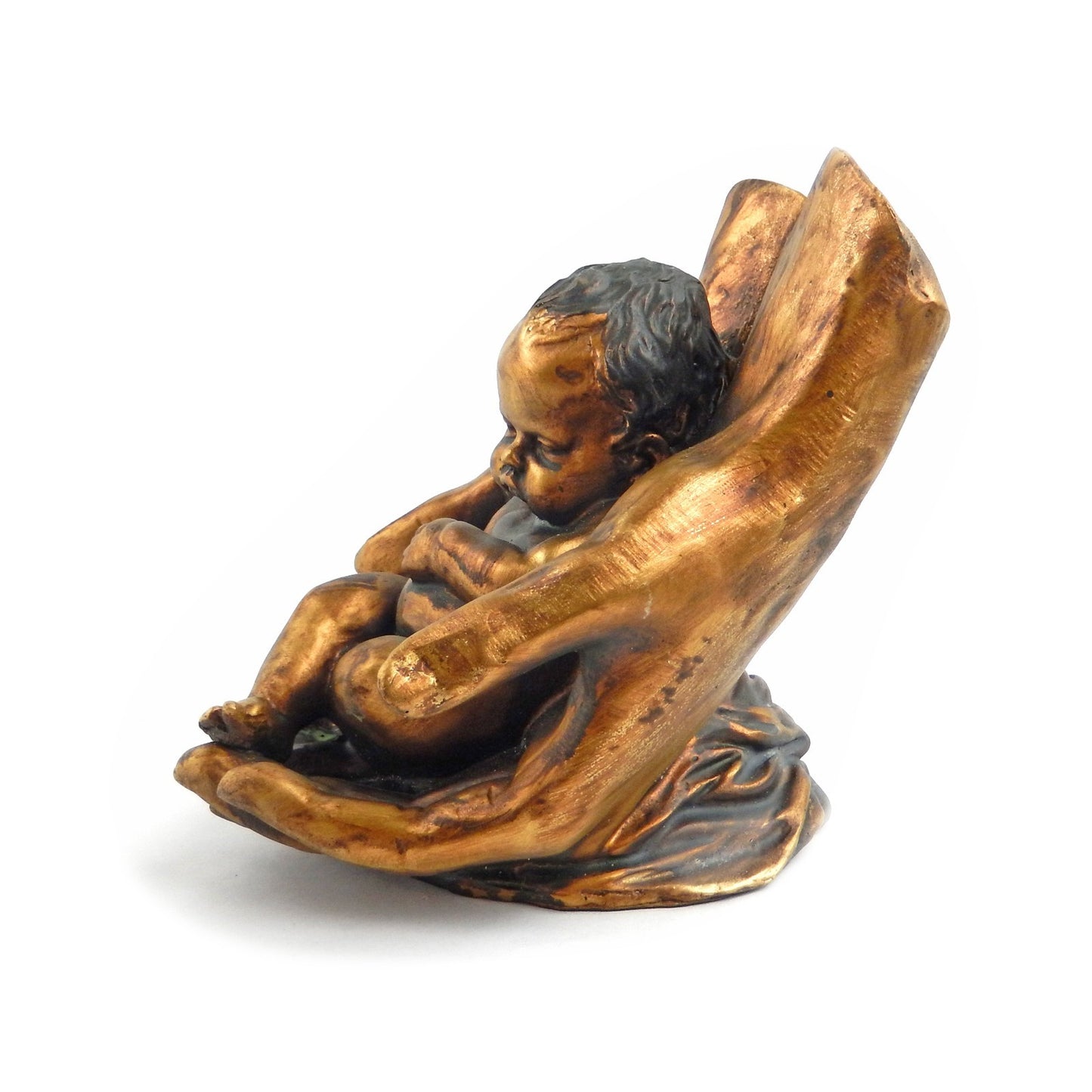 Baby Cradled in Hands Religious Shelf Sitter Decor Figurine Rustic Gold Finish