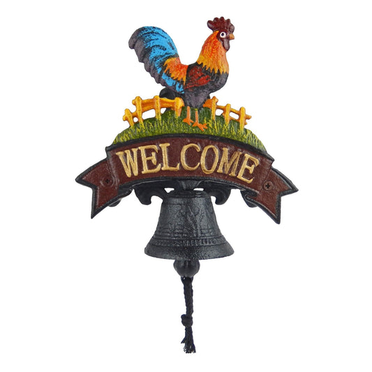 Small Cast Iron Rooster Welcome Dinner Bell Hand Painted Farmhouse Wall Mounted