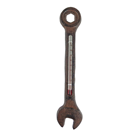 Cast Iron Wrench Shaped Garden Thermometer Mechanic Man Cave Decor Rustic Brown