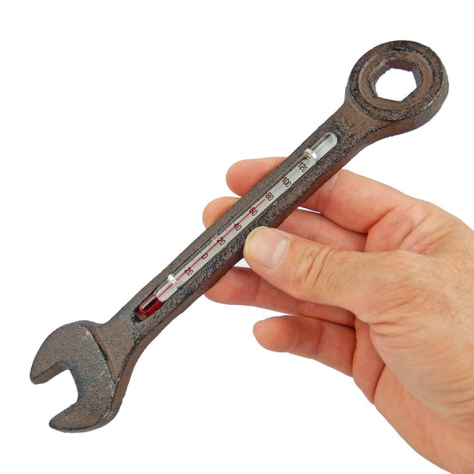 Cast Iron Wrench Shaped Garden Thermometer Mechanic Man Cave Decor Rustic Brown