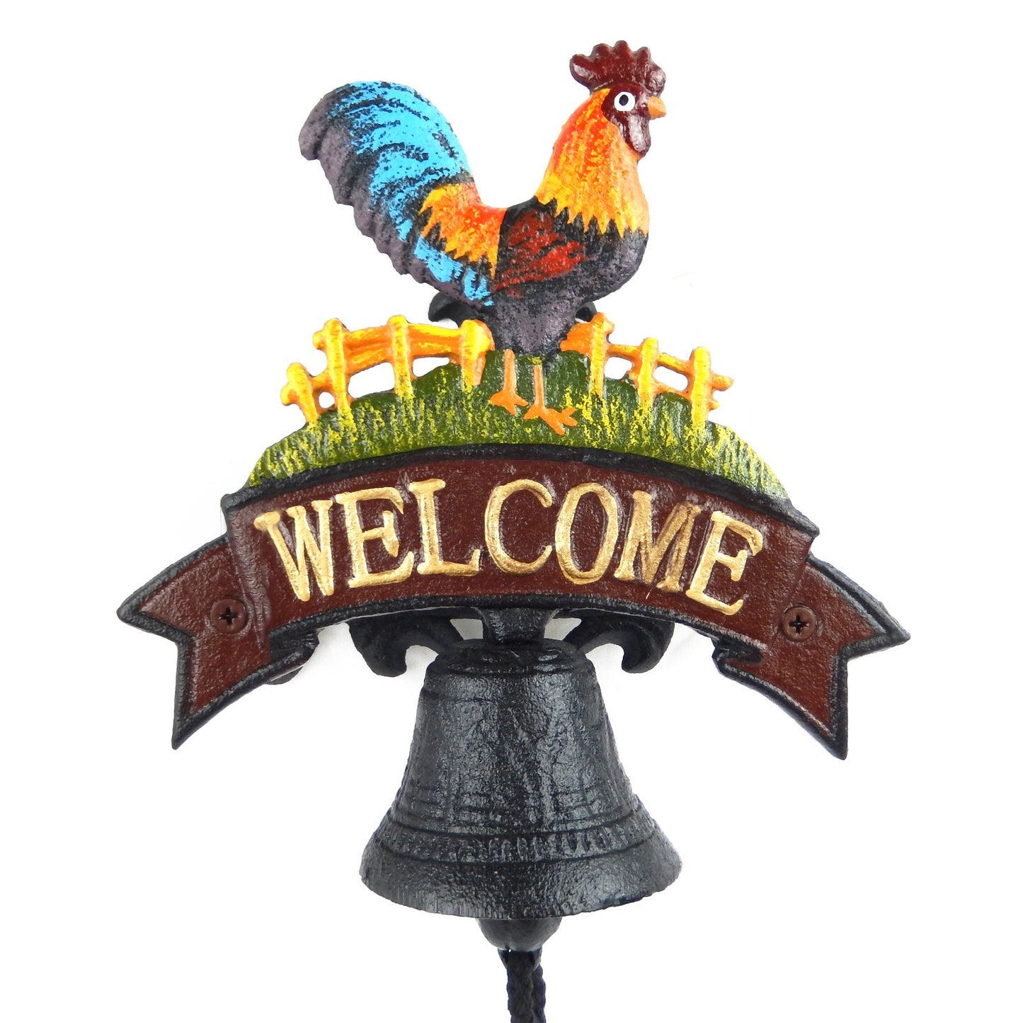 Small Cast Iron Rooster Welcome Dinner Bell Hand Painted Farmhouse Wall Mounted