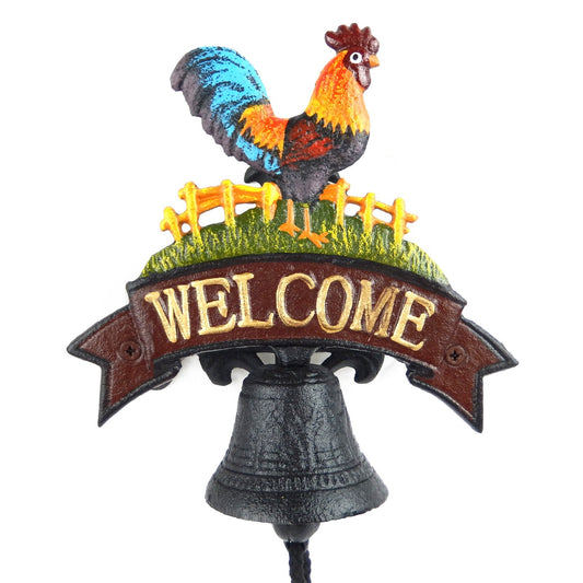 Small Cast Iron Rooster Welcome Dinner Bell Hand Painted Farmhouse Wall Mounted