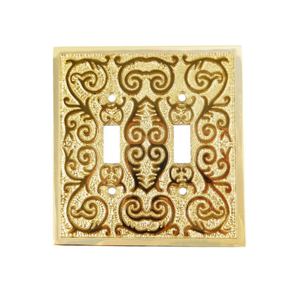 Polished Brass Metal Ornate Floral Double Toggle Switch Wall Plate Cover