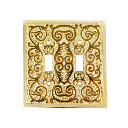 Polished Brass Metal Ornate Floral Double Toggle Switch Wall Plate Cover