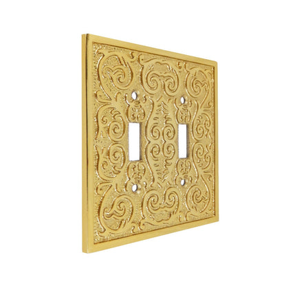 Polished Brass Metal Ornate Floral Double Toggle Switch Wall Plate Cover