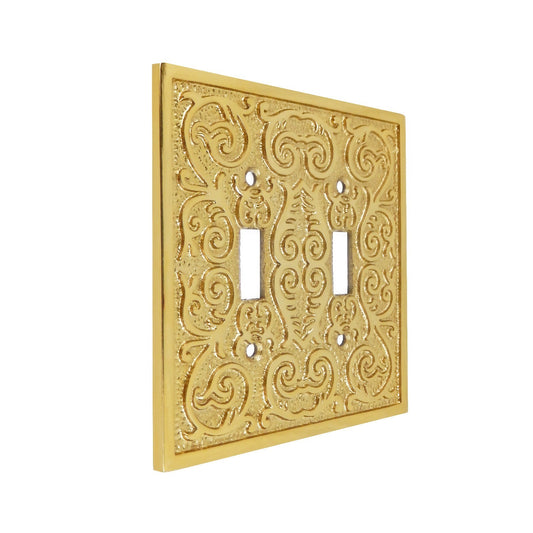 Polished Brass Metal Ornate Floral Double Toggle Switch Wall Plate Cover