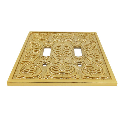 Polished Brass Metal Ornate Floral Double Toggle Switch Wall Plate Cover