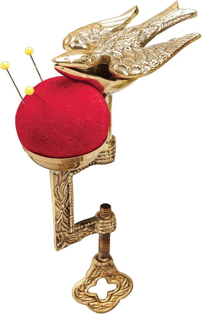 Solid Brass Sewing Bird Table Clamp Red Velvet Pin Cushion Antique Style