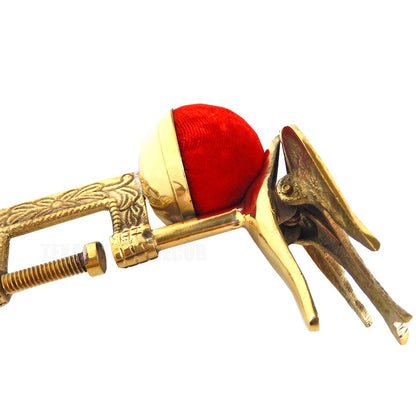 Solid Brass Sewing Bird Table Clamp Red Velvet Pin Cushion Antique Style