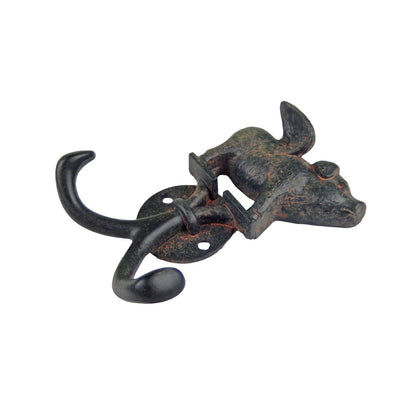 Metal Flying Pig Double Wall Hook Key Coat Towel Hanger Rustic Antique Style