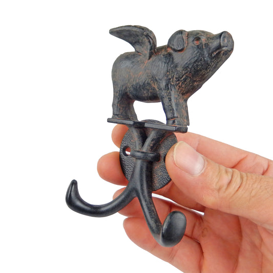 Metal Flying Pig Double Wall Hook Key Coat Towel Hanger Rustic Antique Style