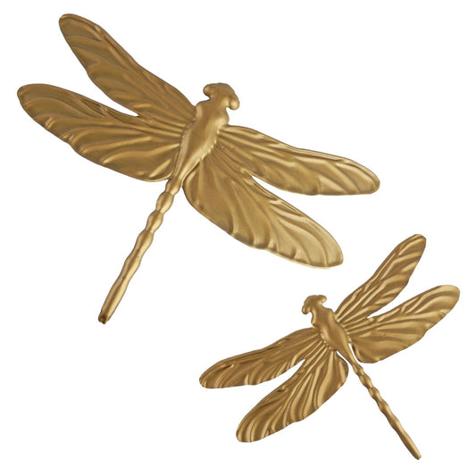 Large & Small 2 Piece Set Metal Dragonflies Wall Decor Embossed Design Golden