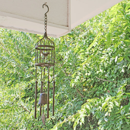 Metal Bird Cage Bell Wind Chime Garden Porch Tree Decor Rustic Verdigris 24 inch