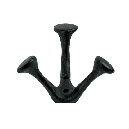 Black Cast Iron Triple Wall Hook Towel Coat Cap Purse Behind Door Hanger 4.25 in