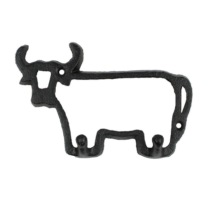 Small Black Cast Iron Cow Bull Outline Double Wall Hook Key Hanger Country Decor