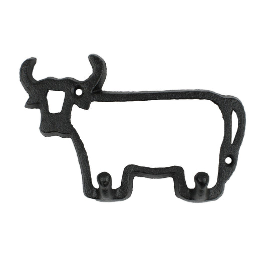 Small Black Cast Iron Cow Bull Outline Double Wall Hook Key Hanger Country Decor