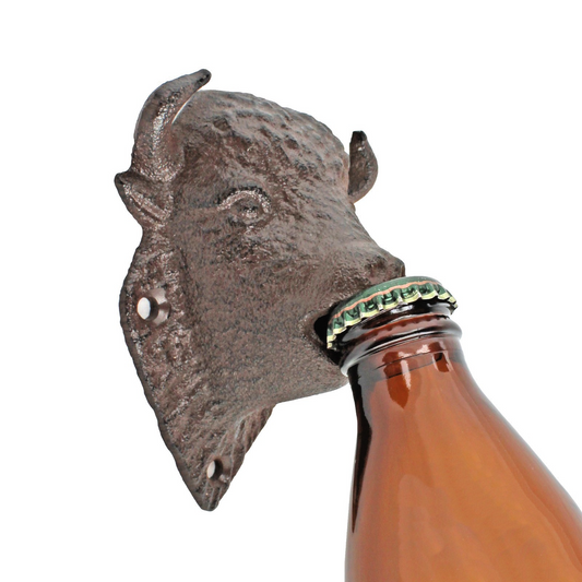 Rustic Cast Iron Buffalo Bison Beer Soda Bottle Opener Wall Mount Antique Brown