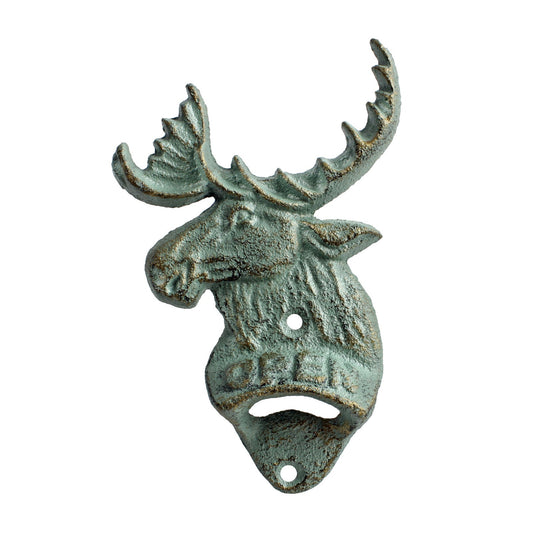 Cast Iron Moose Head Beer Bottle Opener Wall Mounted Verdigris Green Gold Finish