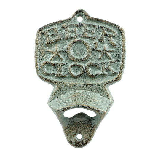 Cast Iron Beer O' Clock Bottle Opener Wall Mounted Rustic Verdigris Green & Gold