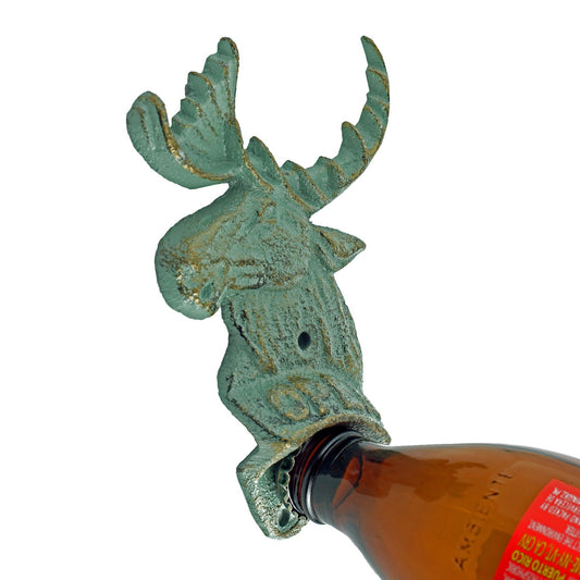Cast Iron Moose Head Beer Bottle Opener Wall Mounted Verdigris Green Gold Finish
