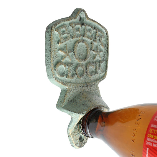 Cast Iron Beer O' Clock Bottle Opener Wall Mounted Rustic Verdigris Green & Gold