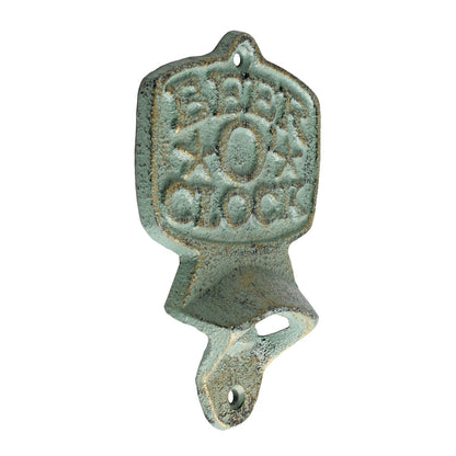 Cast Iron Beer O' Clock Bottle Opener Wall Mounted Rustic Verdigris Green & Gold