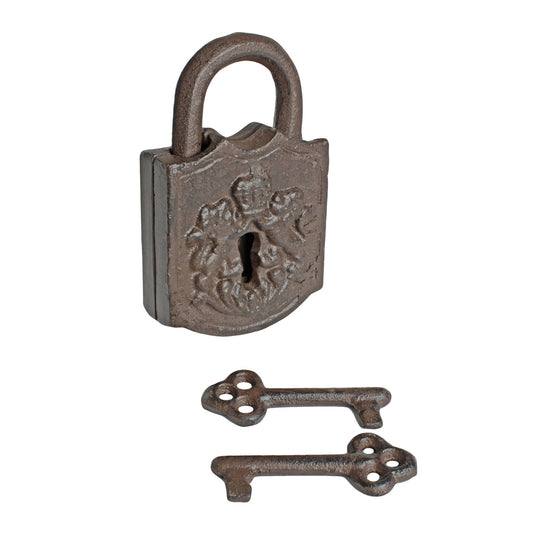 Lions Crest Iron Padlock 2 Jailer's Skeleton Keys Decorative Prop Antique Style