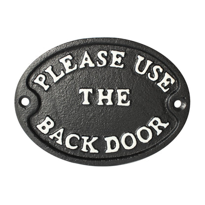 Please Use The Back Door Oval Cast Iron Plaque Sign Embossed Black 4 3/4 inch