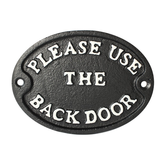 Please Use The Back Door Oval Cast Iron Plaque Sign Embossed Black 4 3/4 inch