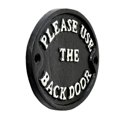 Please Use The Back Door Oval Cast Iron Plaque Sign Embossed Black 4 3/4 inch