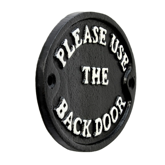 Please Use The Back Door Oval Cast Iron Plaque Sign Embossed Black 4 3/4 inch